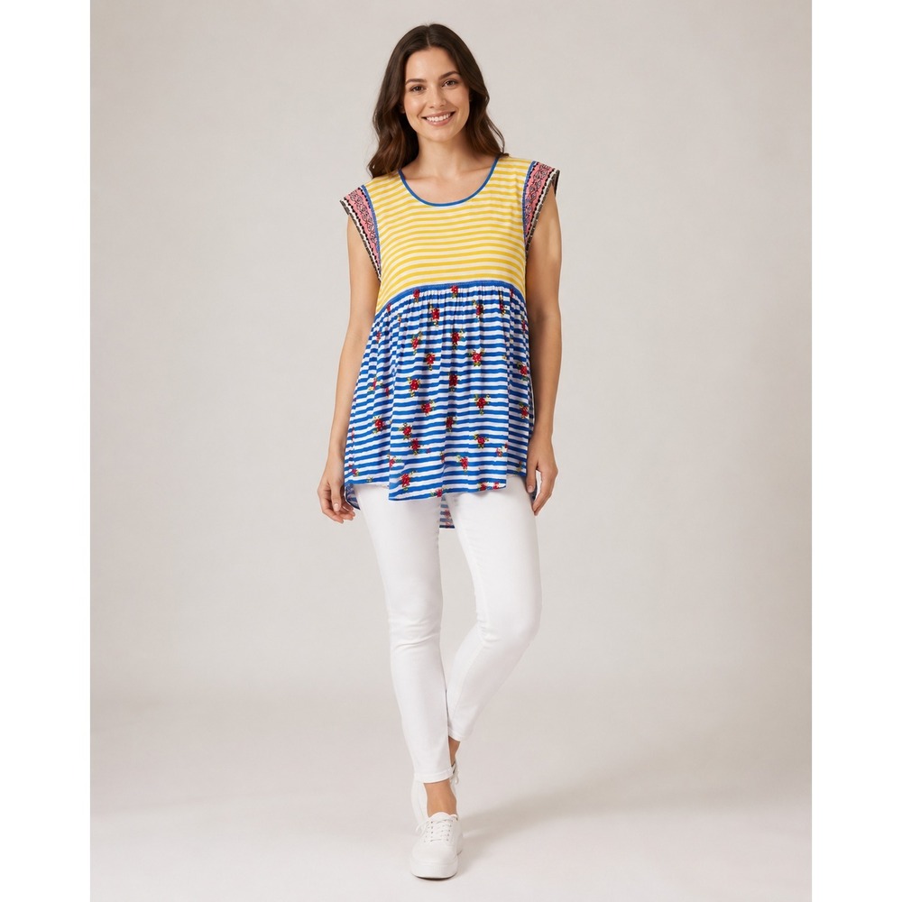 Matilda Jane Babydoll Top Womens M Yellow Blue White Stripe Floral Print Rayon